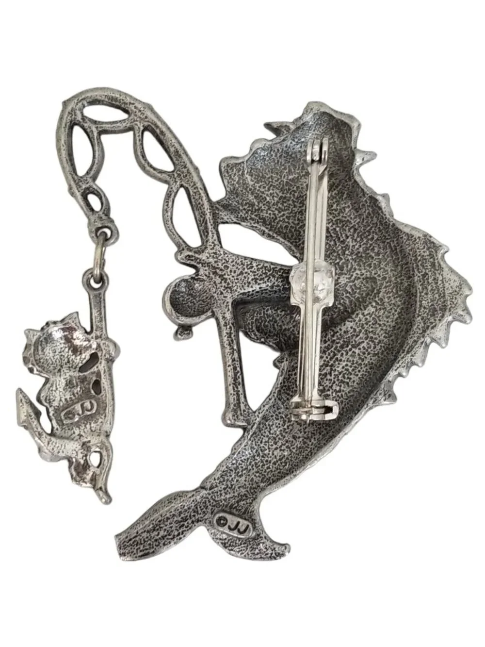 JJ Jonette Pewter Fish With Rod Catching Cat, Signed M164